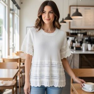 GAP White Linen Blend Knit Top Scalloped Eyelet Short Sleeve Sweater L NWT Linen